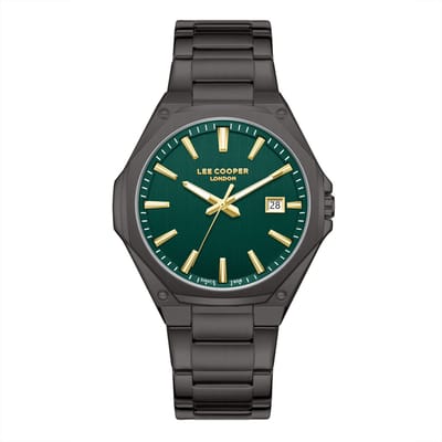 Lee Cooper LC08252.070 - Horloge - Polshorloge - Analoog - Heren - Mannen - Stalen band - Metaal - Achthoek - Strepen - Datumaanduiding - Gun - Goudkleurig - Donkergroen - Wit - Zwart