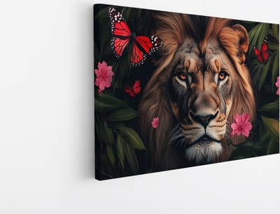 Saammp Canvas Schilderij - Leeuw tussen vlinders en bloemen - Dieren - Natuur - 45x30 - Foto op canvas - Wanddecoratie - Muurdecoratie Woonkamer - Slaapkamer decoratie - Canvas Print