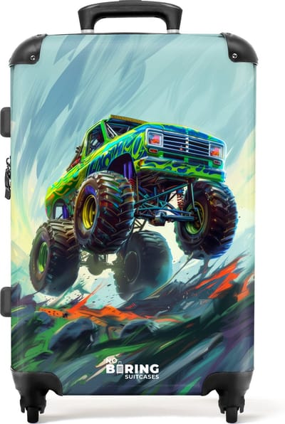 NoBoringSuitcases.com® - Kinderkoffer groot - Kindertrolley koffer - Groene monstertruck met penseelstreken - Rolkoffer lichtgewicht - Reiskoffer met 4 wielen - Grote trolley XL - 20 kg bagage