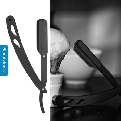 BeautyTools Easy-Shave Shavette - Set Barbiersmes/ Open Scheermes met Vervangbaar Scheermesje - Black Beast - Incl. 10 Double Edge vervangmesjes - INOX (SR-1208)
