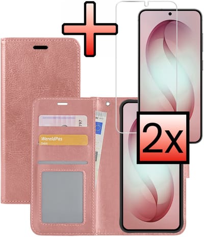 Hoesje - Met 2x Screenprotector - Geschikt voor Samsung Galaxy S26 - Luxe Pasjeshouder - Bookcase Portemonee - Flip Case - Kunstleer Book Case - Flipcase Hoes - Book Cover - Walletcase - Portemonneehoes - Rosé goud