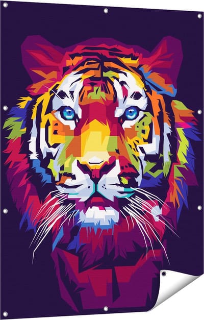 Gards Tuinposter Kleurrijke Tijger - Abstract - 90x120 cm - Tuindoek - Tuindecoratie - Wanddecoratie buiten - Tuinschilderij