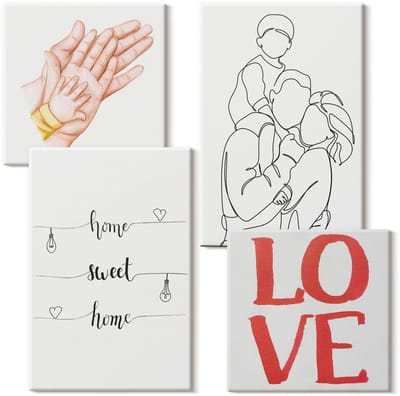 Wallfluent Set van canvas schilderijen - Familie-illustraties en huisopschriften over leven en liefde Canvas Schilderijen Set - Set van 4 Canvas Schilderijen - Wit Set van Canvas Prints - Mensen Canvas Kunst Set - Boheemse Canvas Kunst Set