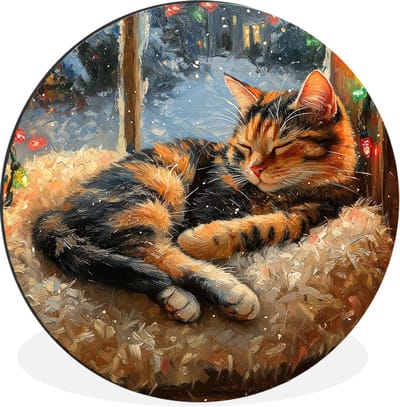 WallCircle - Wandcirkel - Muurcirkel - Kat - Kerst - Winter - Dier - Aluminium - Dibond - 140x140 cm - Binnen en Buiten