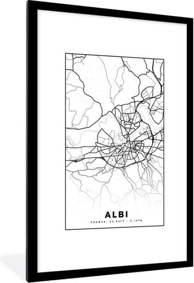 Fotolijst incl. Poster Zwart Wit- Stadskaart - Frankrijk - Kaart - Plattegrond - Albi - Zwart wit - 80x120 cm - Posterlijst
