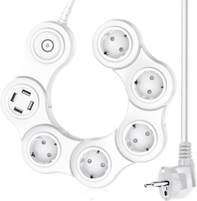 StayPowered 9-in-1 Stekkerdoos - Veilig en Efficiënt Opladen - 5 Stopcontacten - 4 USB-Poorten - Overspanningsbeveiliging - Snellaadfunctie - 3680 W Vermogen - 16 A Schakelaar - Compact en Roterend Design - Zwart - Levering Sneller dan Aangegeven!