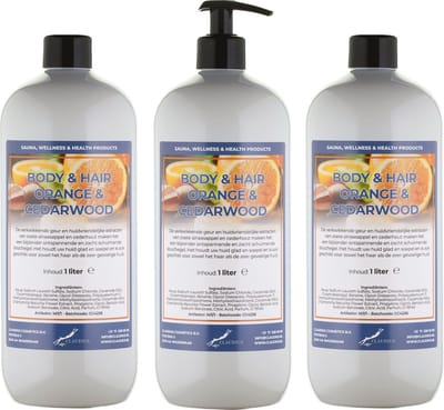 Body & Hair Sweet Orange & Cedarwood 1 Liter - met gratis pomp - set van 3 stuks - 2 in 1 voor lichaam en haar.