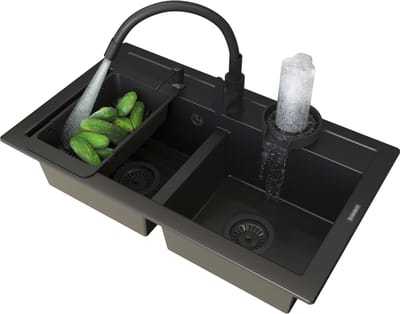 Granitan Spoelbak Keuken Granieten Duet - met Kraan en Sifon - Spoelbak Dubbele - 75x44x18cm - Zwart