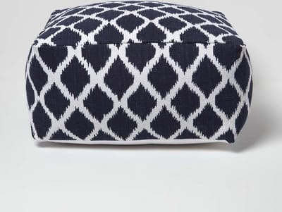 Homescapes Poef met Ikat-patroon - Vierkant, blauw en wit, 60x30 cm