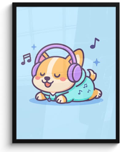 Poster in lijst - Fotolijst 60x80 cm - Posters - Corgi - Koptelefoon - Blauw - Muzieknoten - Posterlijst zwart - Decoratie - Wanddecoratie woonkamer - Muurdecoratie slaapkamer