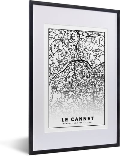 Fotolijst incl. Poster Zwart Wit- Kaart - Plattegrond - Le Cannet - Frankrijk - Stadskaart - Zwart wit - 40x60 cm - Posterlijst