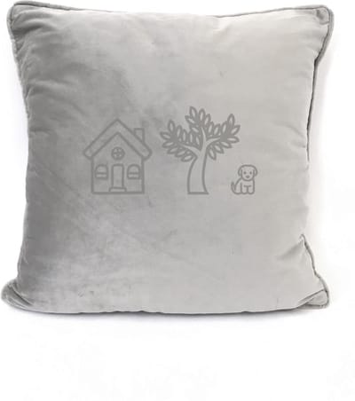 Grijs sierkussen Velours - 45x45cm - Met Tekst: Huisje Boompje Beestje. Leuk Cadau Voor Een Nieuw Huis.