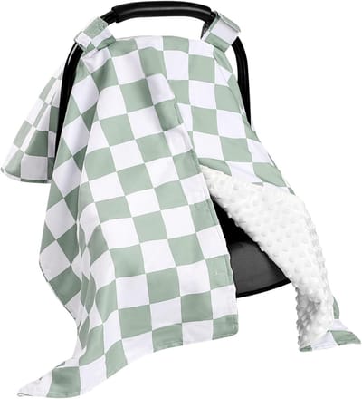 Baby Autostoelhoes, Warme Minky Winterautostoelhoes voor Baby’s, Autostoelhoes met Kijkopening voor Zuigelingen, Voedingsdoek & Autostoelkap – Groen Ruitpatroon