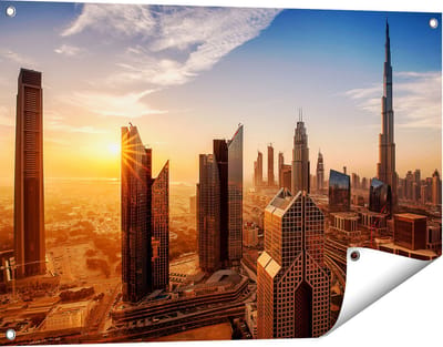 Gards Tuinposter Dubai Stad bij Zonsopgang - 90x60 cm - Tuindoek - Tuindecoratie - Wanddecoratie buiten - Tuinschilderij