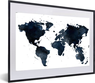 Poster in lijst - Fotolijst 60x40 cm - Posters - Wereldkaart - Abstract - Blauw - Posterlijst zwart - Decoratie - Wanddecoratie woonkamer - Muurdecoratie slaapkamer