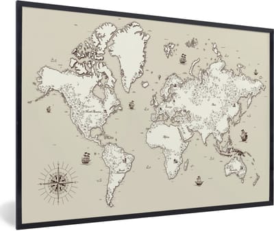Poster in lijst - Fotolijst 120x80 cm - Posters - Wereldkaart - Vintage - Antiek - Posterlijst zwart - Decoratie - Wanddecoratie woonkamer - Muurdecoratie slaapkamer