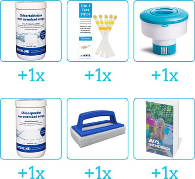 Zwembad Onderhoudspakket - Onderhoud Zwembad - bevat Chloor - Testrips - Chloordrijver - Chloor - Scrubborstel en Zwembadgids (6-delig)