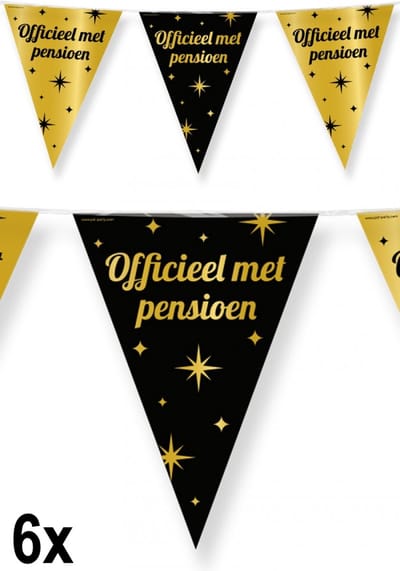 6x Luxe Vlaggenlijn Officieel met pensioen zwart/goud 10 meter - Classy - Dubbelzijdig bedrukt - Abraham Sarah festival thema feest party