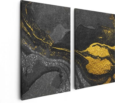 Artaza Canvas Schilderij Tweeluik Abstracte Kunst - Zwart Gouden Marmer - 80x60 - Foto Op Canvas - Canvas Print