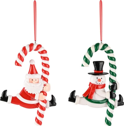 Dekoratief | Hanger santa/sneeuwman m/zuurstok, klei, 9x2x13cm, set van 2 stuks | A245299