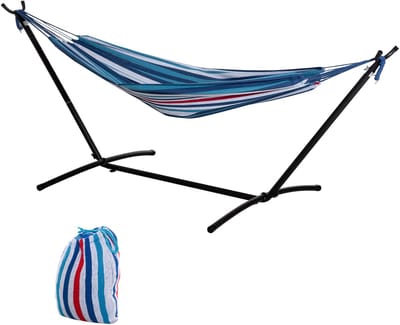 Tuinhangmat met epoxy gecoate metalen standaard, vrijstaande hangmat voor 1 persoon, max. draagvermogen 120 kg, draagtas, Blauw en wit
