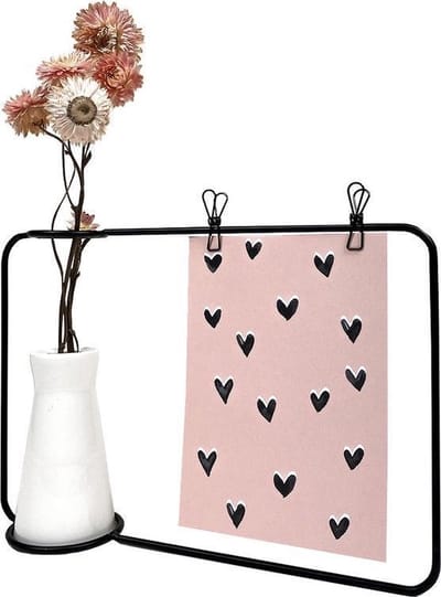 QUVIO Fotoframe met vaasje in het staal en porselein - Zwart en wit  - Fotolijstje zwart - Fotokader - Metalen fotolijst - Fotodisplay excl. kaart en bloemetje
