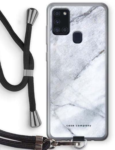 Case Company® - Hoesje met koord geschikt voor Samsung Galaxy A21s hoesje met Koord - Witte marmer - Telefoonhoesje met Zwart Koord - Bescherming aan alle Kanten en Over de Schermrand