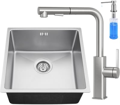 Auralum max Spoelbak RVS (44x44CM) – Spoelbak Keuken Met Keukenkraan en Zeepdispenser 300ML - Spoelbakken Keuken – Wasbak Keuken - RVS