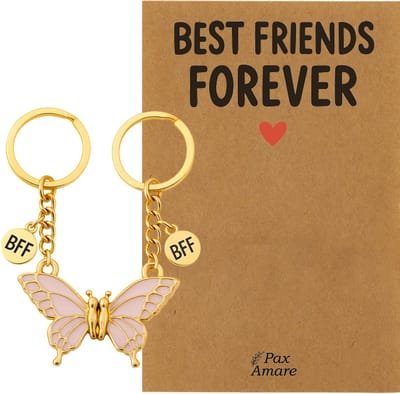 BFF Sleutelhanger voor 2 'Best Friends Forever' - Magnetische Roze Vlinder - Sleutelhanger set op Cadeau Kaartje - Goudkleurig - Vriendschap Symbool - Pax Amare