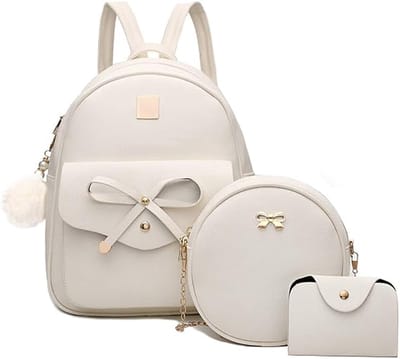 KZQ Mini rugzakset 3 stuks voor dames - PU leren tas met strikje en opbergvak voor telefoon pasjes - Cute casual daypack voor reizen feestjes en dagelijks gebruik - Gebroken wit