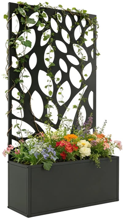Plantenbak met klimrek - Bloembak - Weerbestendig - Met trellis - Buiten - Plantenrek - Rechthoekig - Zwart