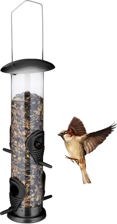voedersilo vogels - hangend - 4 openingen - tuinvogels en kleine vogels - zwart