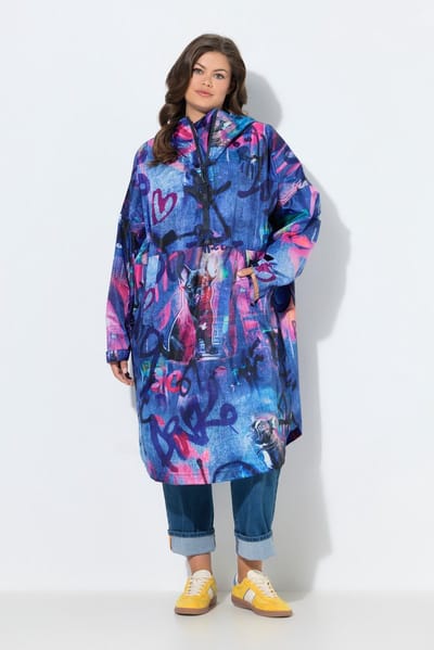 Laurasøn - Dames - Functionele regencape unisex print capuchon - Blauw denim - Maat 1