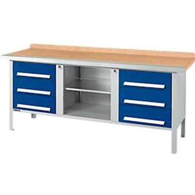 Box-type werkbank Schäfer Shop Select PW 200-2, beuken multiplex blad, met stalen rand, tot 750 kg, B 2000 x D 700 x H 840 mm, gentiaanblauw