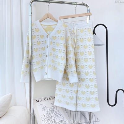 Zoete Geurige Zachte Pyjama Dames Herfst en Winter Lange Mouw Liefdevol Verdikt Fleece-gevoerd Warm Gebreid Huispak Pak One Size