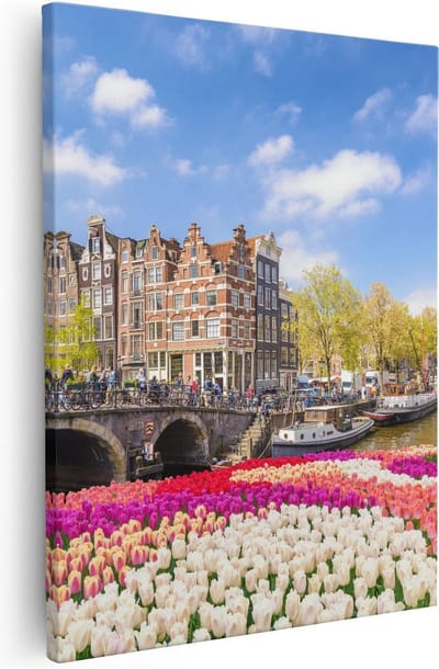 Artaza Canvas Schilderij Tulpen - 40x50 cm - Wanddecoratie Amsterdamse Grachten - Muurdecoratie Bloemen - Kamer Accessoires Stad