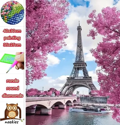 40x30cm Diamond Painting Eiffeltoren roze bos (rond) nr 218