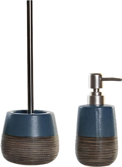 Items - Toiletborstel in houder 36 cm en zeeppompje 280 ml polystone marine blauw/jute