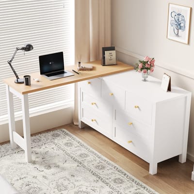 MIVRAY Draaibaar Bureau Met 7 Lades En Opbergruimte Voor Woonkamer Slaapkamer En Kantoor Eiken Wit 120x40x70 Cm