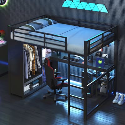 140x200 hoogslaper - met LED-verlichting - bureau - open kledingkast en opbergvakken - zwart