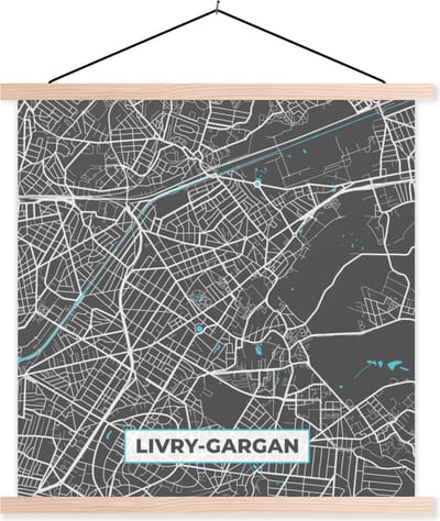 Posterhanger incl. Poster 40x40 cm - Schoolplaat - Livry-Gargan - Frankrijk - Plattegrond - Kaart - Stadskaart - Textielposter - Blanke latten - Stadskaart