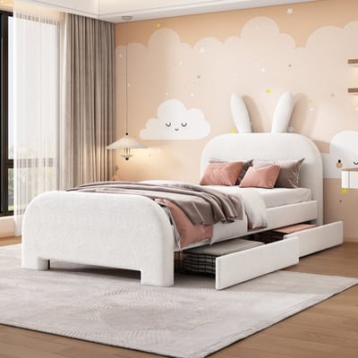 OKWISH Gestoffeerd Bed 90x200 cm - Kinderbed Met Uniek Konijnenoor Hoofdeksel En Twee Lades - Eenpersoonsbed - Pluche - Wit