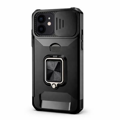 Zwart telefoon hoesje geschikt voor iPhone 12 – robuuste backcover case dames en heren – schokbestendig ontwerp met metalen standaard en kaarthouder