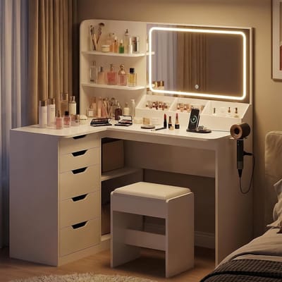 Make-uptafel Hoek met LED Spiegel en Verlichting – 120 x 80 x 160 cm – Kaptafel L-Vorm met 5 Laden, Stopcontacten en USB – Dimbare 3 Lichtstanden – Inclusief Kruk – Wit – Urbanhome