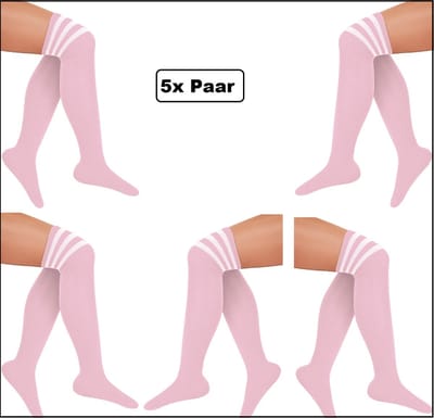 5x Paar Lieskousen pastel roze met witte strepen - maat 36-41 - overknee kousen - kniekousen overknee kousen sportsokken cheerleader carnaval voetbal hockey unisex festival