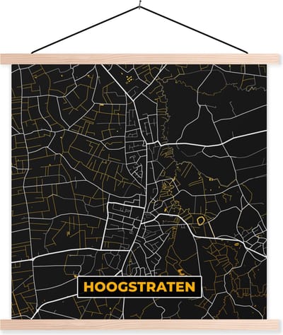 Posterhanger incl. Poster 40x40 cm - Schoolplaat - Kaart - Hoogstraten - Stadskaart - Goud - Plattegrond - Textielposter - Blanke latten - Stadskaart