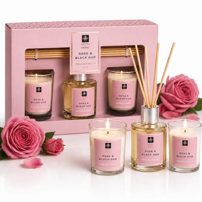 EasyMart Geurstokjes – Huisparfum & Geurverspreider – Reed Diffuser Rose & Black Oud – Geschenkset met 2 Geurkaarsen – 3-Delig – Kerstcadeau