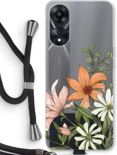 Case Company® - Hoesje met koord geschikt voor Oppo A78 5G hoesje met Koord - Floral bouquet - Telefoonhoesje met Zwart Koord - Bescherming aan alle Kanten en Over de Schermrand