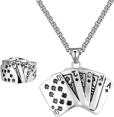 Set van 2 Speelkaarten Hangers met Ringen - Poker Themapendanten, Gothic Punk Stijl voor Mannen, Zilverkleurig