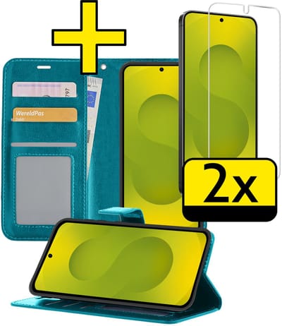 Hoesje - Met 2x Screenprotector - Geschikt voor Samsung Galaxy S25 Edge - Luxe Pasjeshouder - Bookcase Portemonee - Flip Case - Kunstleer Book Case - Flipcase Hoes - Book Cover - Walletcase - Portemonneehoes - Telefoonhoesjes - Turquoise